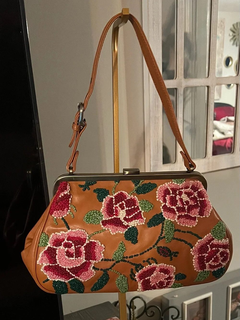ISABELLA FIORE VINTAGE RARE leather Tan Beaded Rose Frame Bag